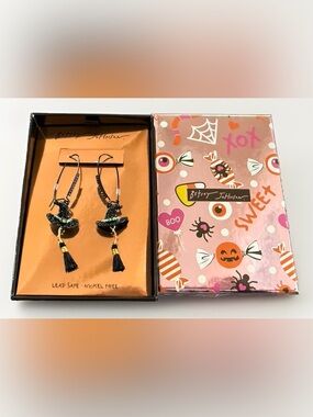 Betsey Johnson Witch Hat Rhinestone Tassel Earrings Halloween NWT
